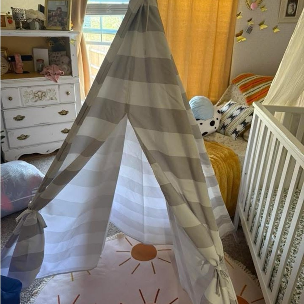 Gray and White Striped Play Tent